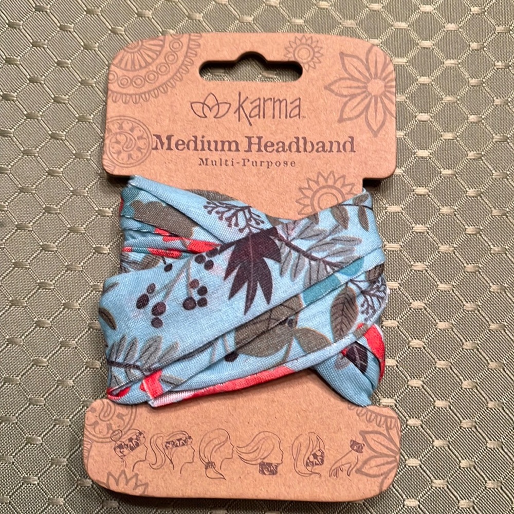 Karma Medium Multi-Purpose Headband. Blue tropical print. New, in package, w/tag